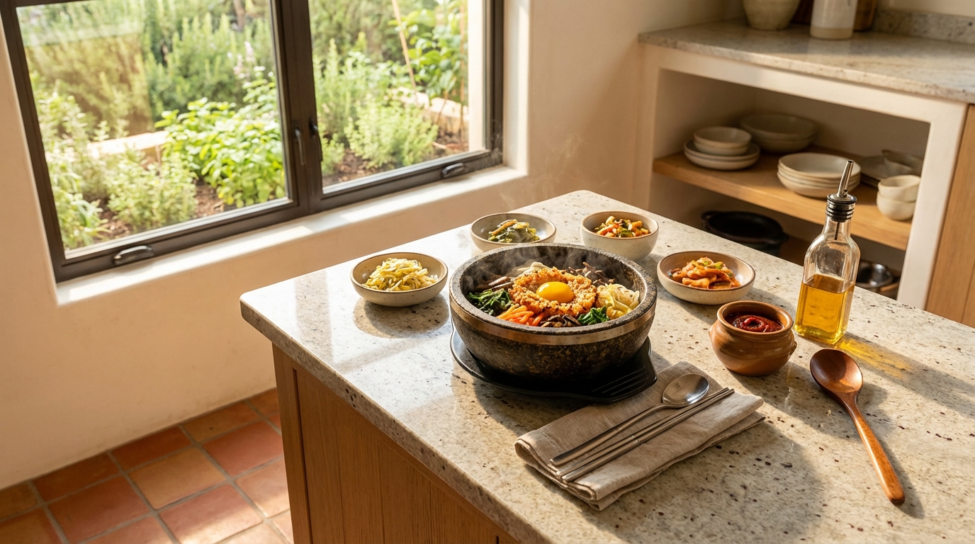 Dolsot Bibimbap : Bibimbap Grésillant en Pot de Pierre Brûlant