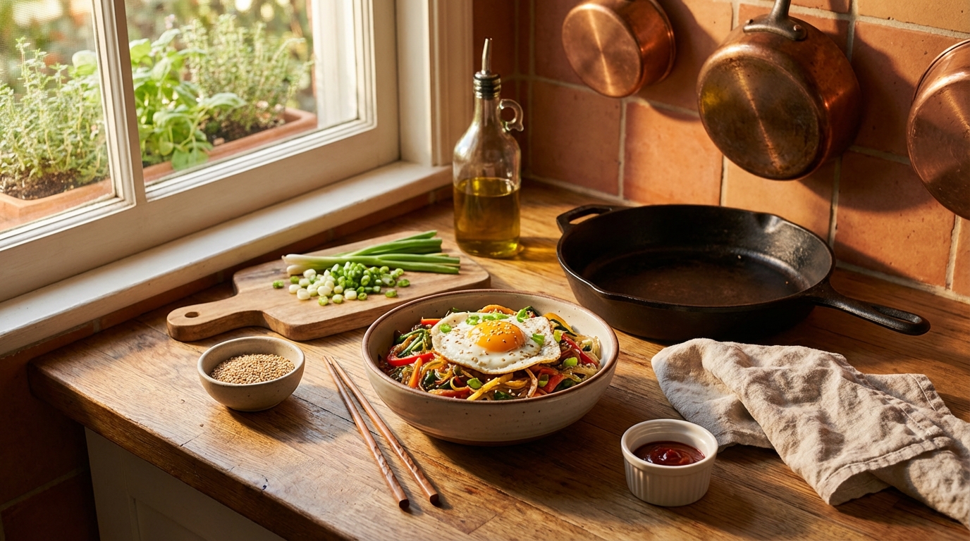 Japchae Bap : Riz Sauté aux Vermicelles de Patate Douce