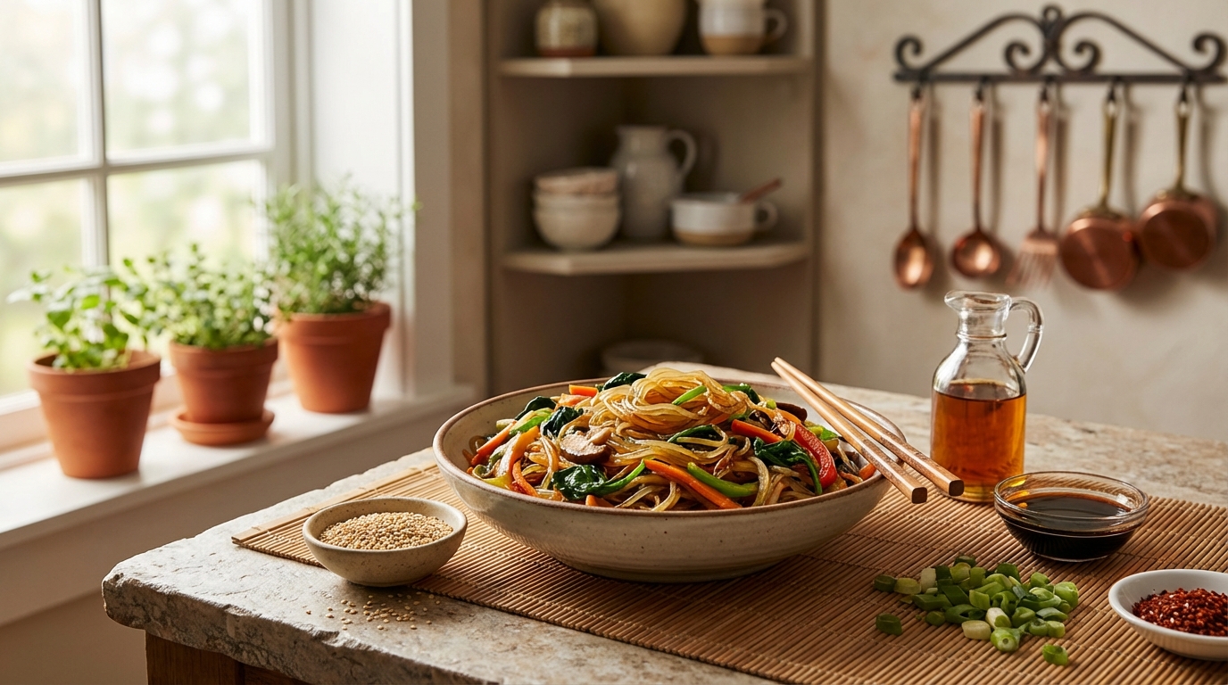 Japchae : Vermicelles de Patate Douce Sautés aux Légumes et Bœuf